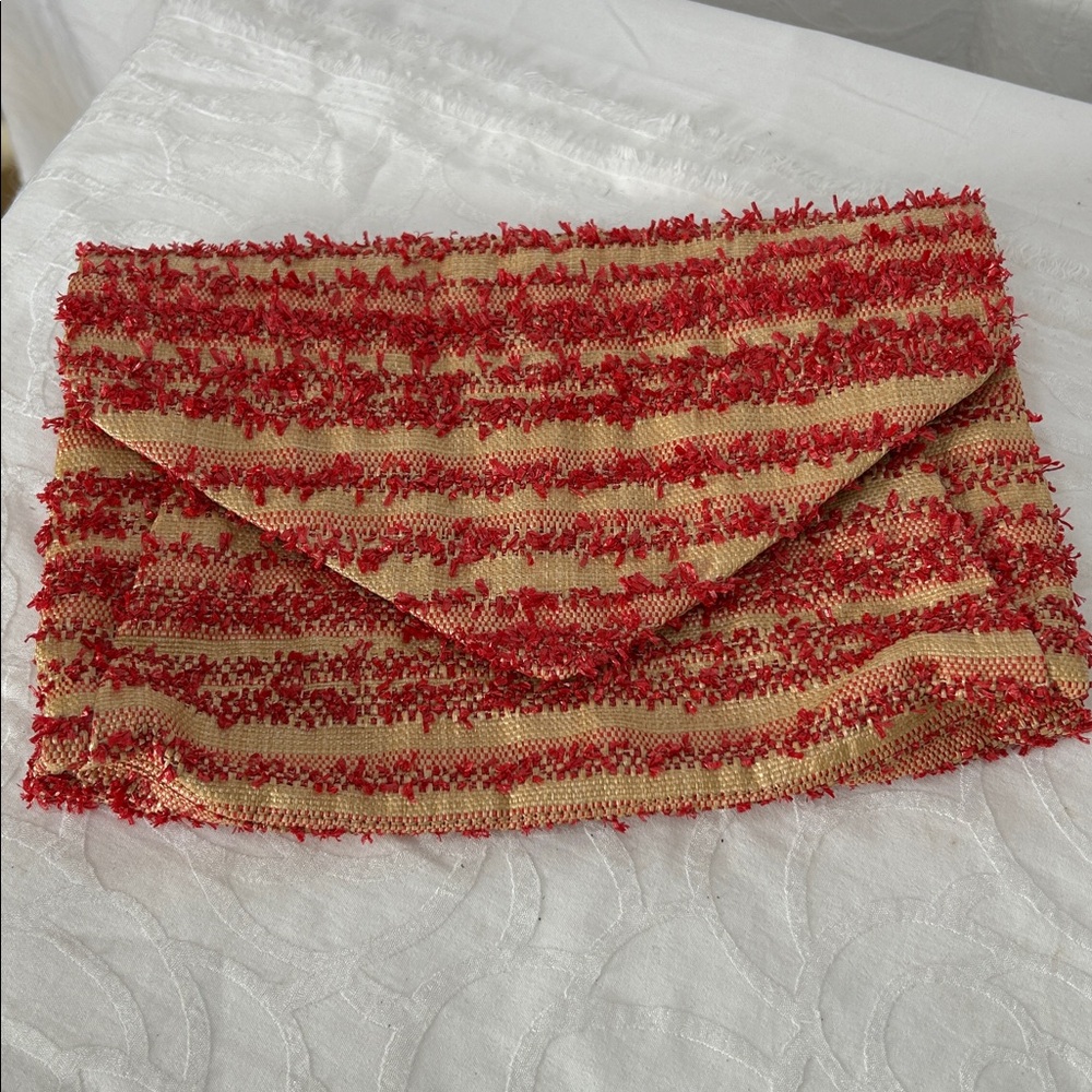 L.K. Bennett Vintage straw Red fringed Clutch Bag.